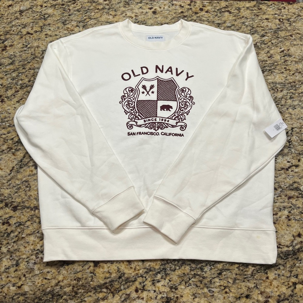 NEW Old Navy Mens Crest Graphic Sweatshirt Cream‎ Maroon Large